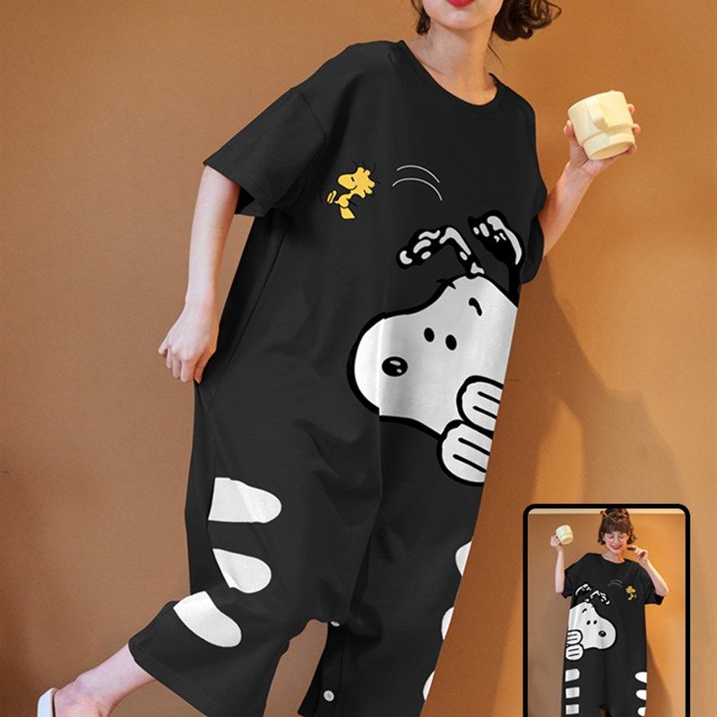 女式短袖连体睡衣,孕妇和t女孩夏季纯棉睡衣可爱卡通胖毫米大码宽