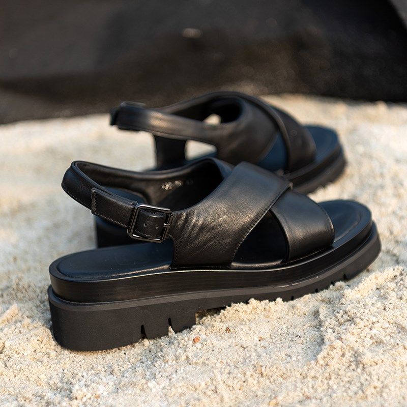 2025夏季新款手工真皮凉鞋男款时尚增高小众交叉带简约通勤沙滩鞋,流行男鞋,休闲凉鞋,淘宝优惠券,粉丝福利购,淘宝优惠卷