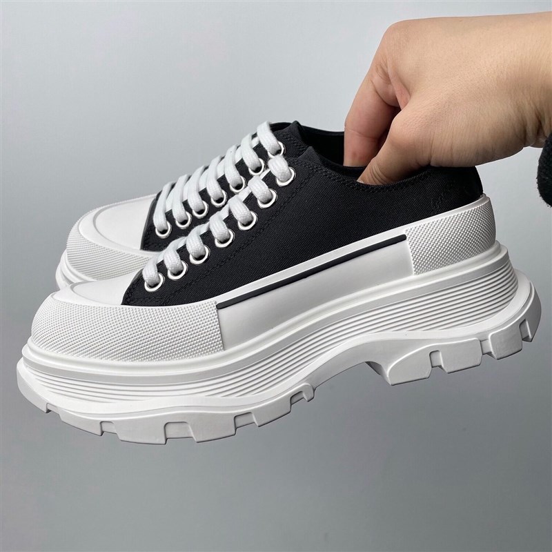 2025春夏老爹鞋女内增高松糕厚底系带帆布低帮情侣羊皮里圆头学院