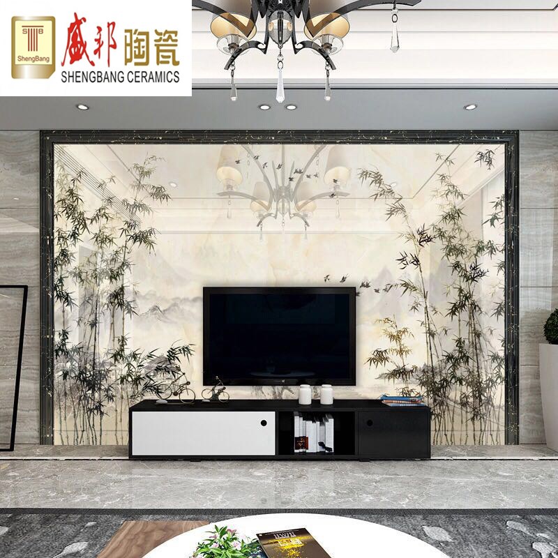 瓷砖背景墙电视沙发客厅影视墙中式雕刻3d微晶石雕刻影.视墙 墨竹