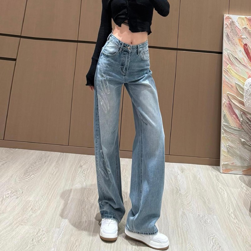 高级感烫钻印花牛仔裤女2025春秋季新款高腰显瘦窄版直.筒阔腿长