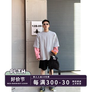 PLTH*假两件撞色拼接圆领长袖T恤男I女秋季宽松休闲套头韩版卫衣