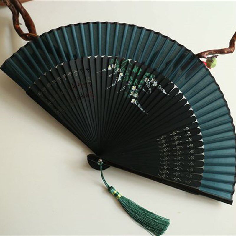 精品女扇6寸折扇走秀旗袍扇手绘扇竹柄折扇子夏天日用扇墨绿色