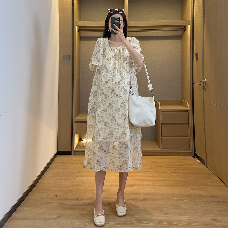 孕妇装夏装新款雪纺短袖夏天长裙大码连衣裙宽松碎花时尚薄款裙子