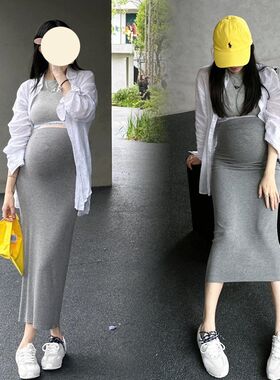 无托腹孕妇针织半身裙子女夏春秋季小个子中长款弹力直筒包臀长裙