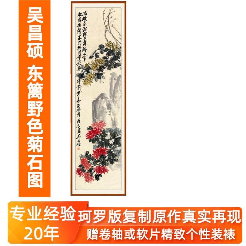 国画字画竖幅装饰画花鸟画客挂画厅吴昌硕东篱野色菊石图卷轴装裱
