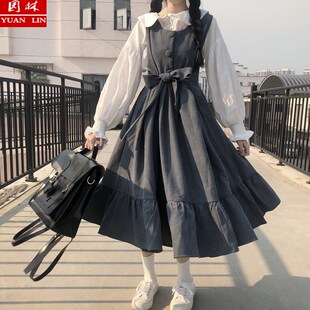 日系春秋季学生2024新款小个子绑带收腰显瘦大摆裙法式背带连衣裙