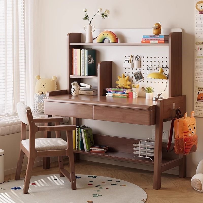 实木儿童学习桌家用带洞洞板书桌书架一体卧室学生写字桌子电脑桌