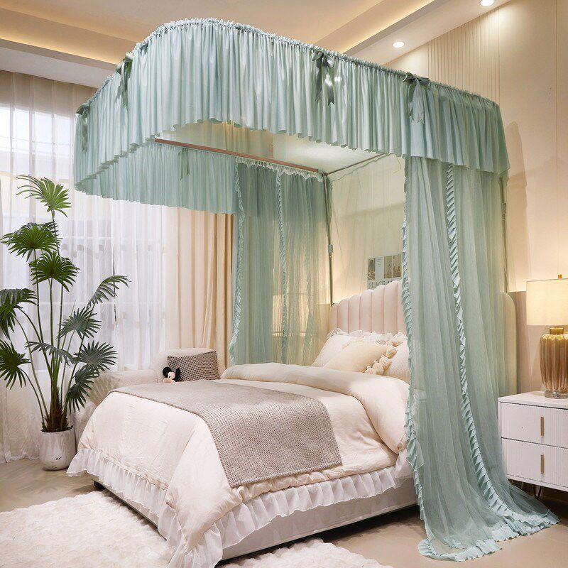 新款加密u型导轨落地蚊帐家用三开门防蚊厚铝合金轨道轨道支架2床