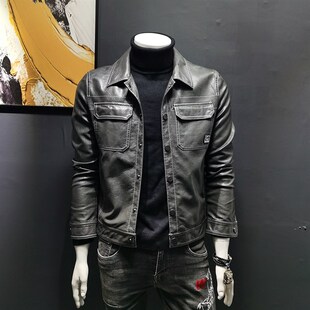 2023新款秋季男士皮夹克外套韩版潮机H车服帅气修身休闲皮衣男翻
