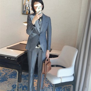 意式秋冬季高级感暖单排扣灰西装干练通勤阔腿裤套装主持会议装女