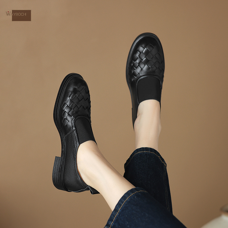 头层牛皮 圆头平跟深口单鞋 秋季真皮女鞋小皮鞋 皮编织舒适低跟