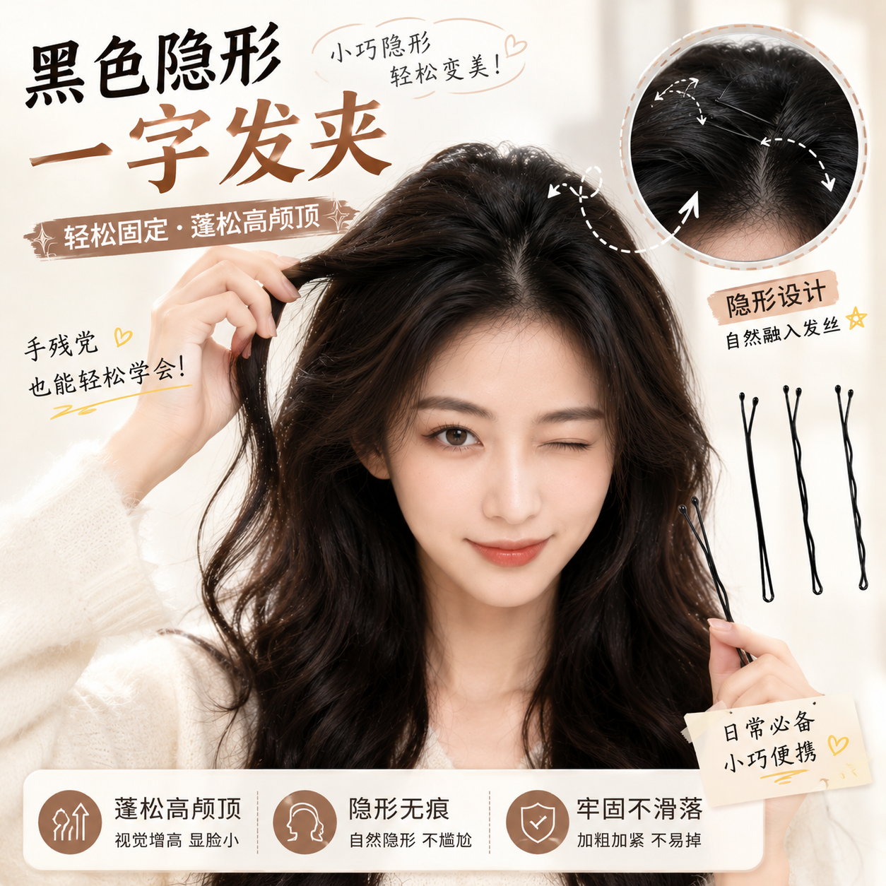 黑色钢弧形刘海一字侧边夹碎发夹子头饰头发卡子女铁丝u型夹简约 - 实物图