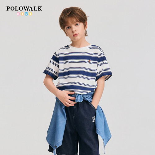 【100%棉】POLOWALK童装2026夏季新品男童短袖T恤凉爽透气条纹t恤