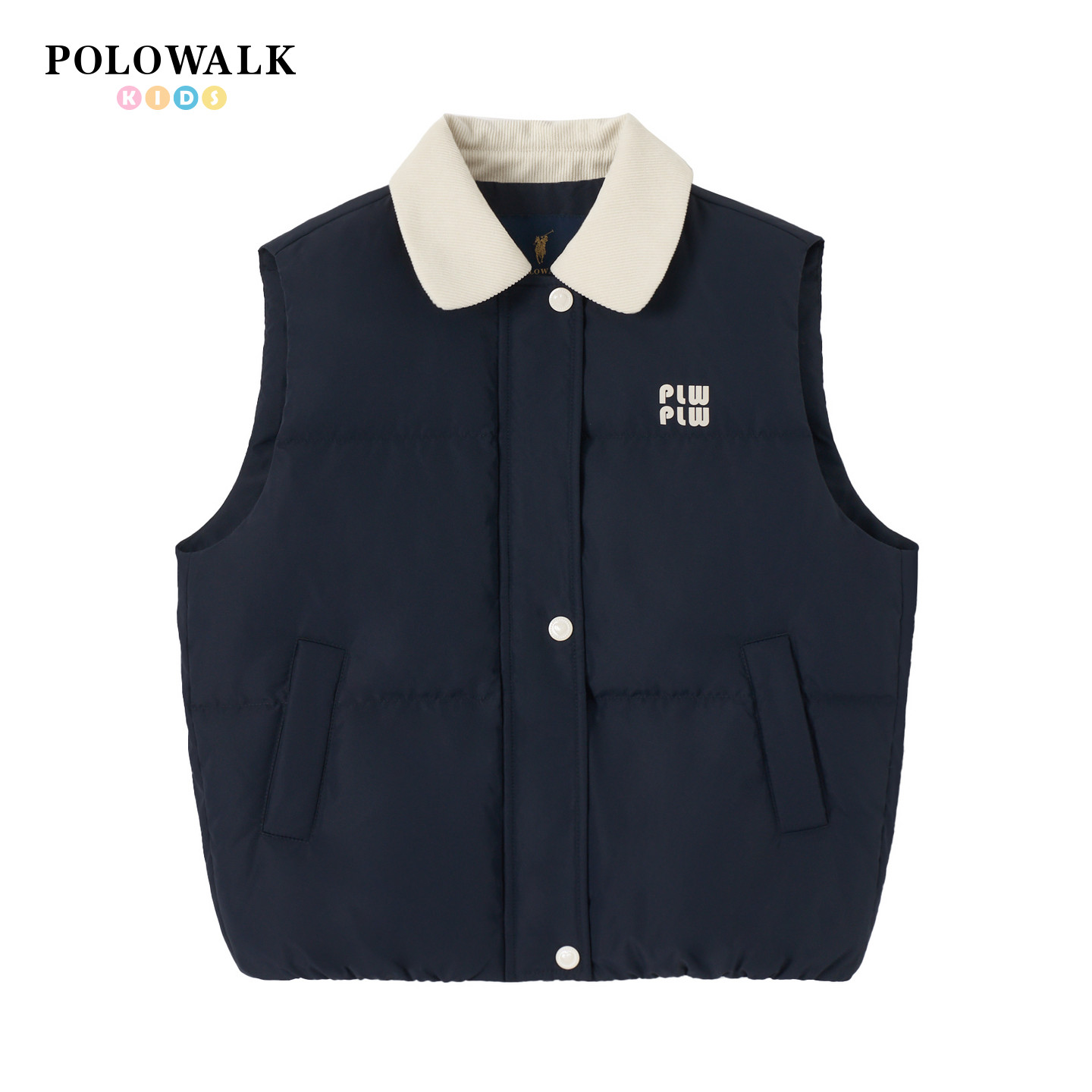 POLOWALK女童羽绒马甲2026秋冬新款撞色翻领字母印花儿童保暖背心
