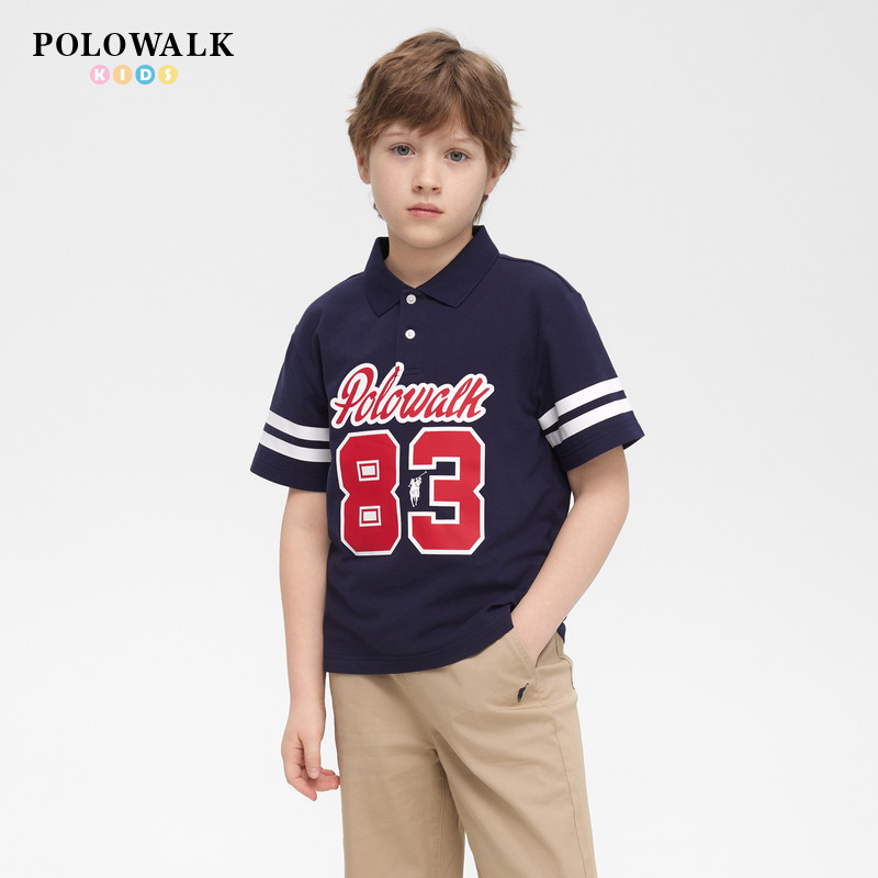 POLOWALK童装男童短袖T恤2026夏季新品翻领POLO衫学院风印花上衣