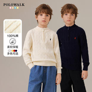 POLOWALK童装男童针织衫2025秋冬新款绞花立领中大童红色新年毛衣