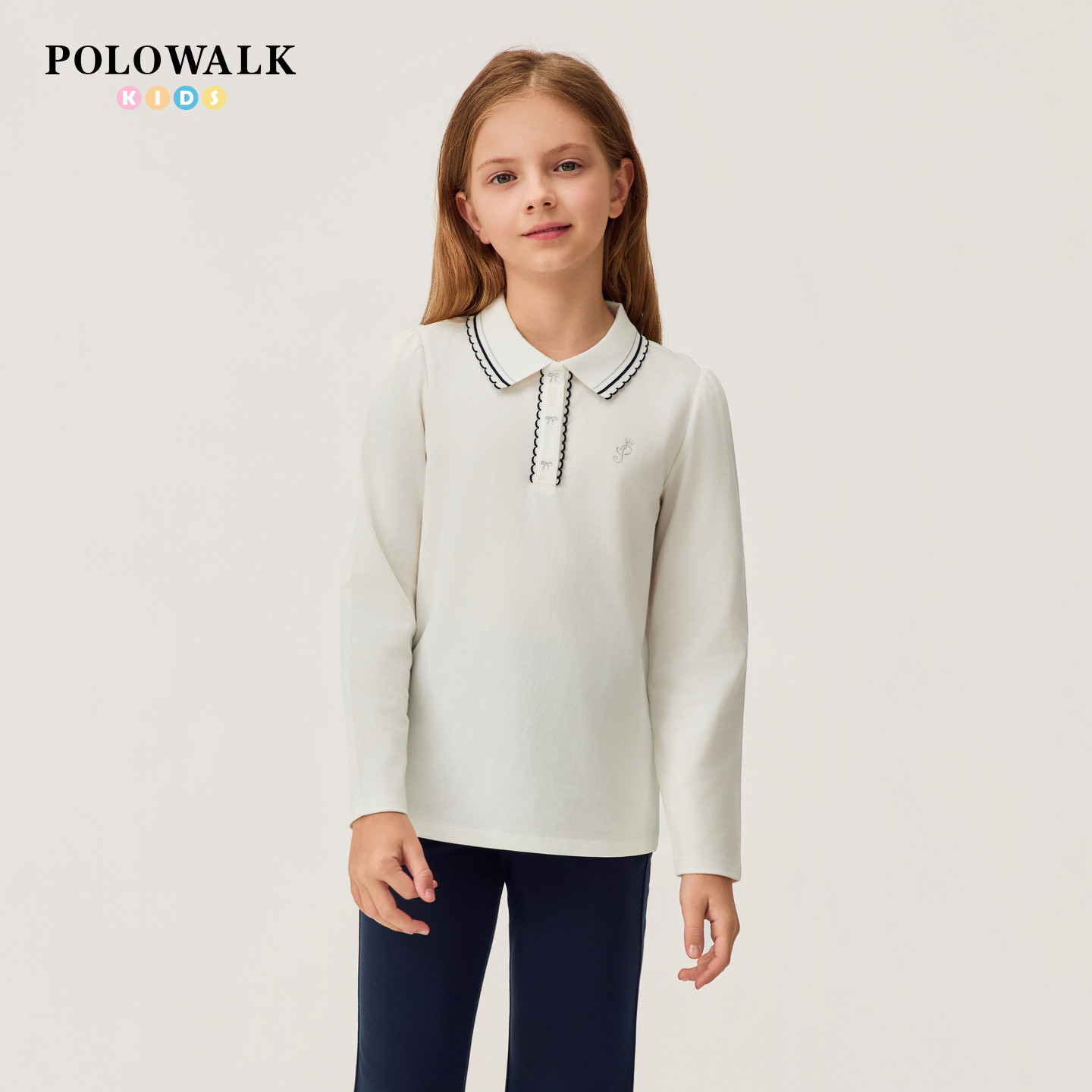 POLOWALK童装新品2026春秋新款薄款女童翻领学院风长袖白色T恤女