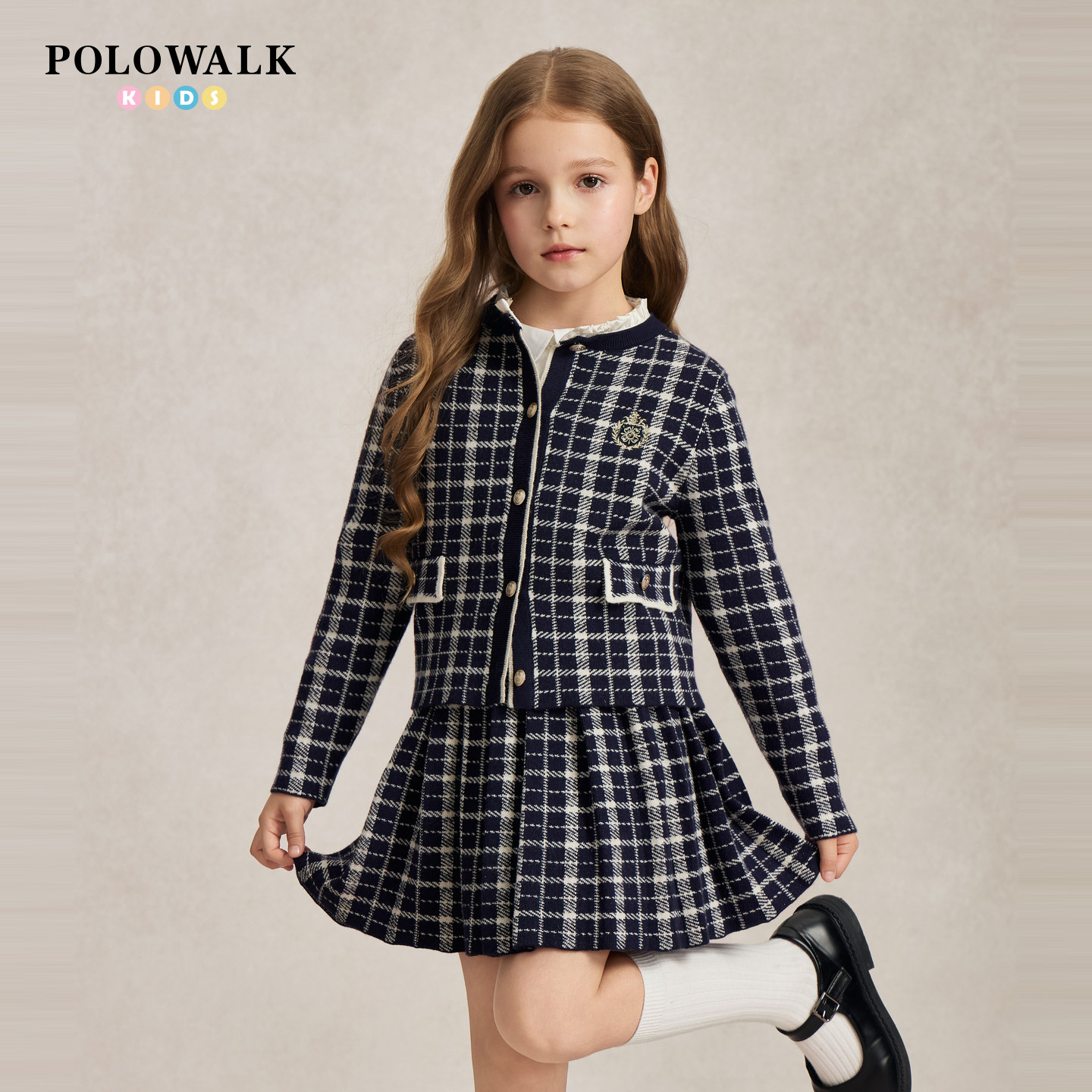 POLOWALK女童针织套装秋季格纹提花中大童外套A字半裙洋气两件套