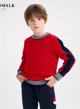 POLOWALK童装毛衣男2025秋冬新款儿童毛衫男童撞色圆领红色上衣