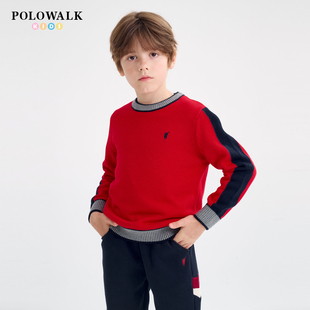 POLOWALK童装毛衣男2025秋冬新款儿童毛衫男童撞色圆领红色上衣