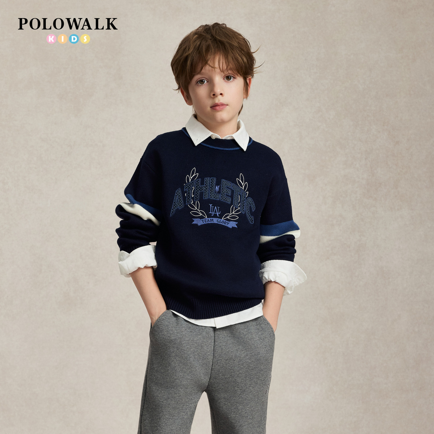 POLOWALK男童针织衫秋季新品圆领撞色条纹刺绣儿童休闲套头毛衣