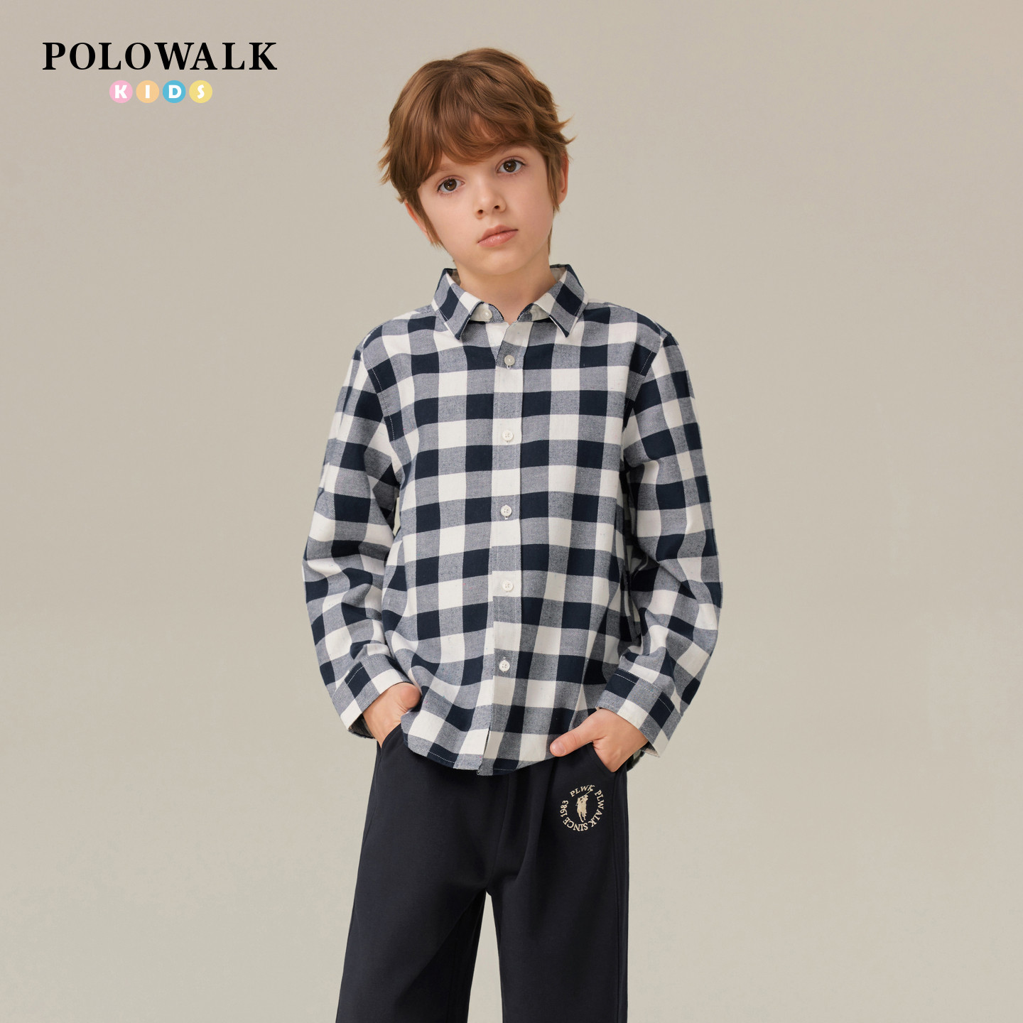 【100%棉】POLOWALK童装男童长袖衬衫磨毛2025秋冬格子长袖外套