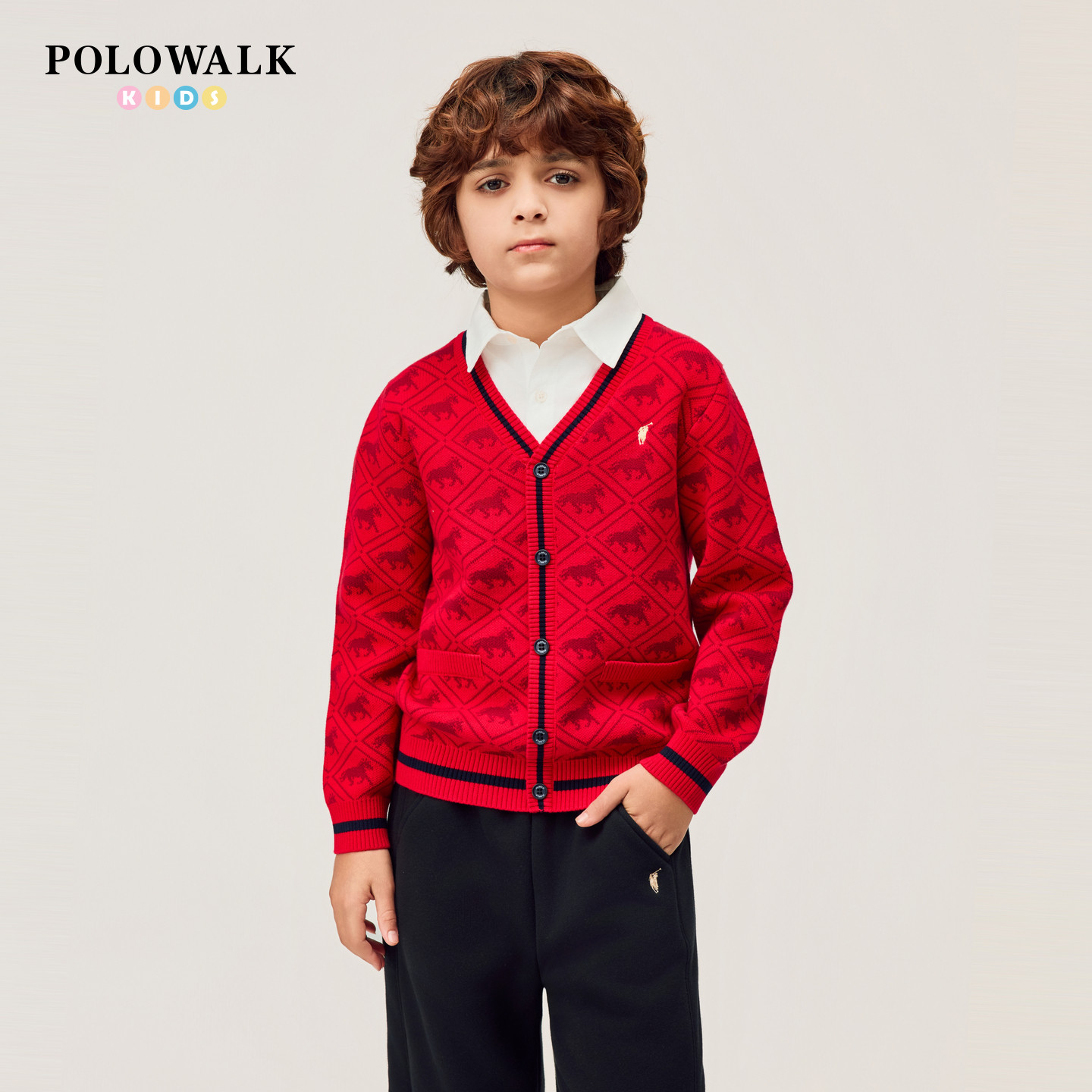 【新年款】POLOWALK童装男童针织衫2026菱格假两件本命年红色毛衣