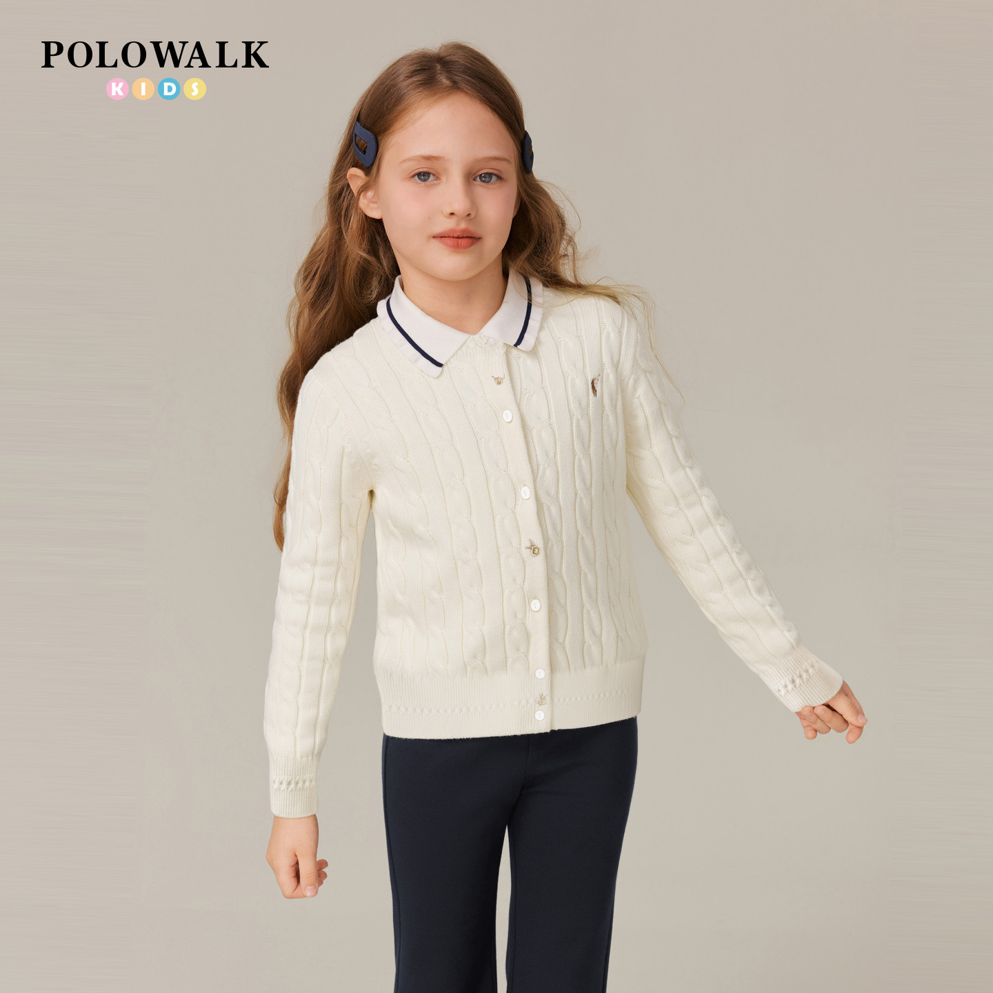 POLOWALK童装女童长袖针织衫2025秋冬新品圆领绞花毛衣中大童开衫