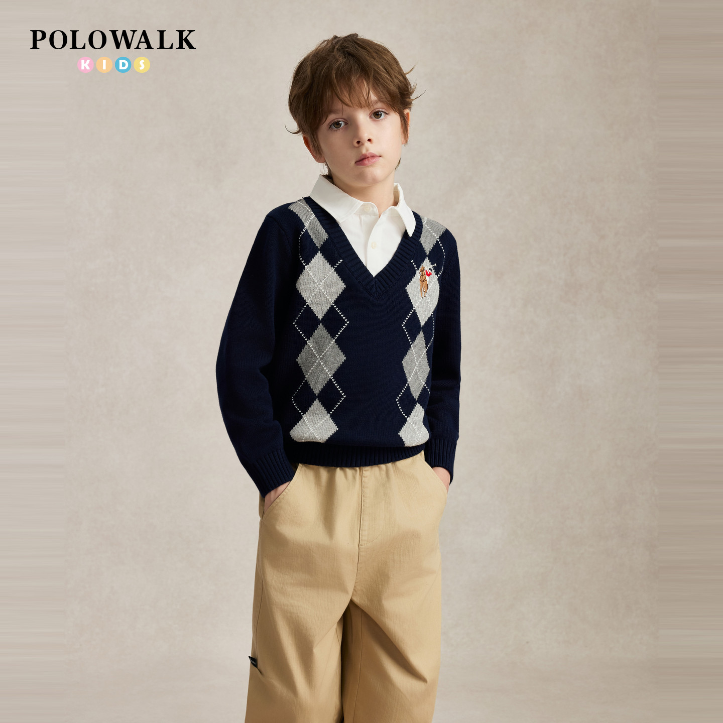 POLOWALK男童针织衫2026早秋新款撞色菱格假两件儿童刺绣毛衣
