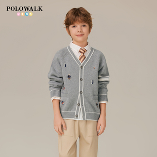 POLOWALK童装男童针织衫2025年秋冬新款V领线衫刺绣毛衣百搭开衫