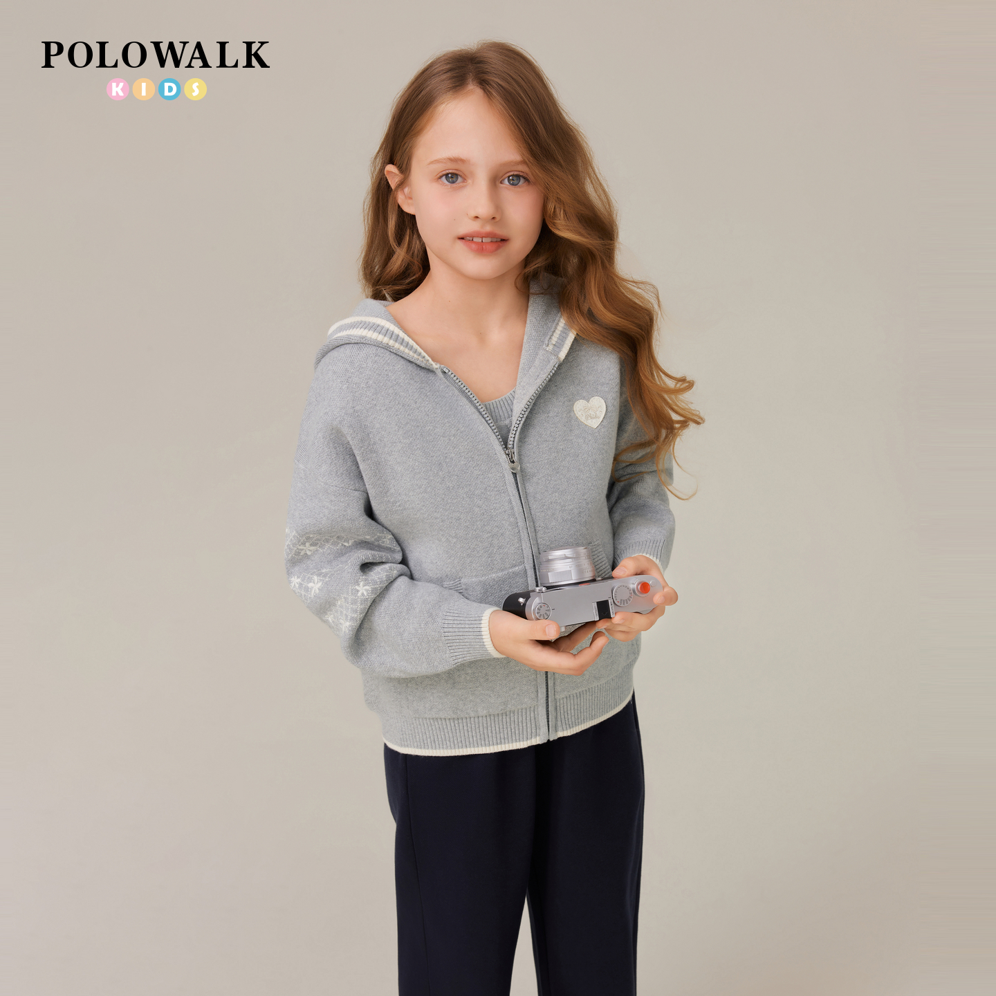 【100%棉】POLOWALK童装女童针织衫2025秋冬新款开衫连帽拉链外套