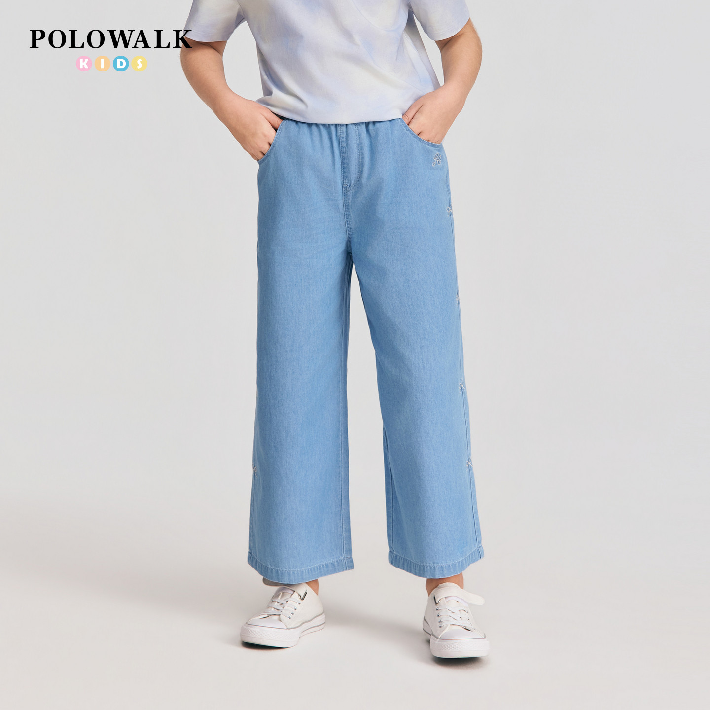 【100%棉】POLOWALK童装2026夏季新品女童九分裤松紧腰直筒牛仔裤