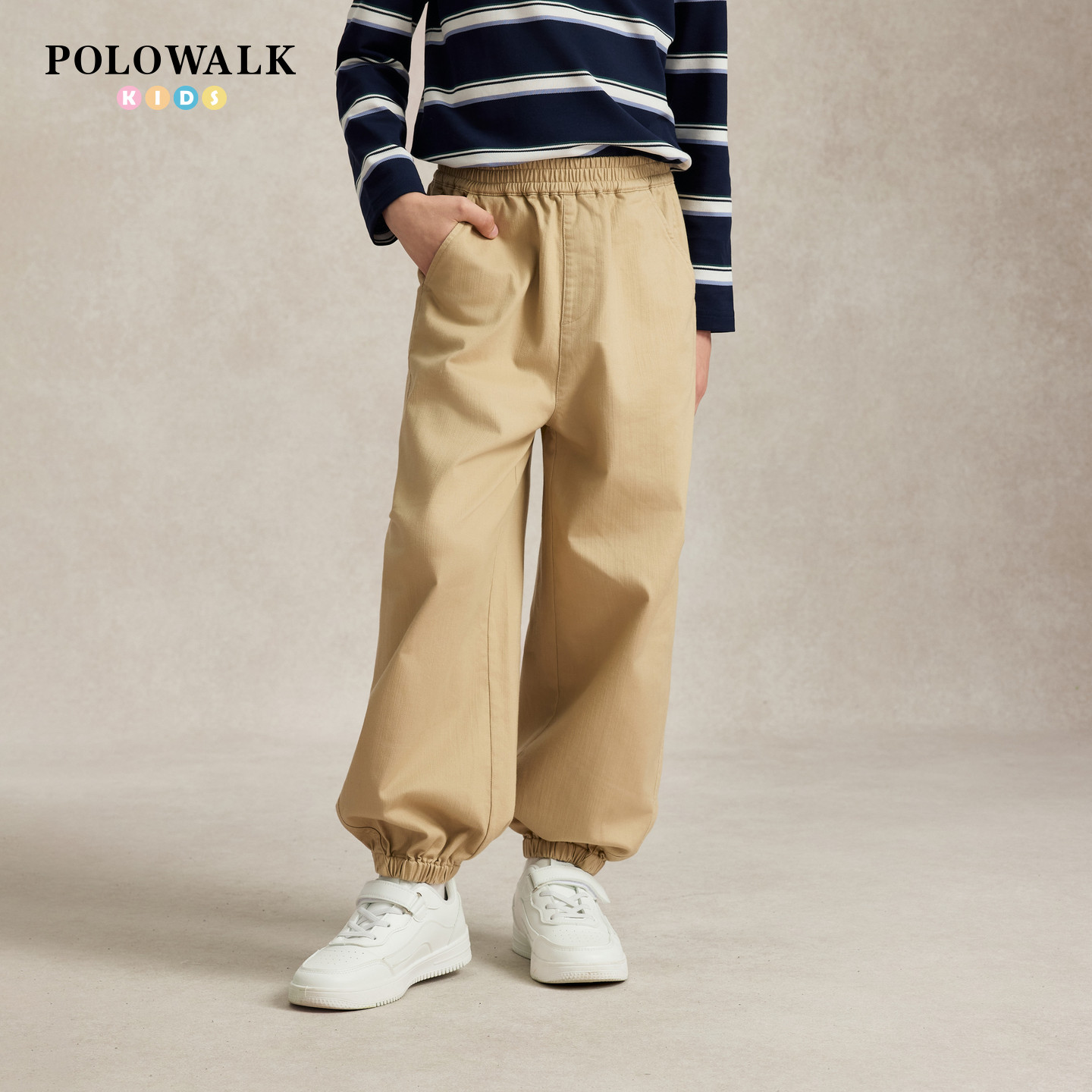 POLOWALK男童束脚休闲裤早秋新款松紧腰刺绣宽松儿童工装风裤子