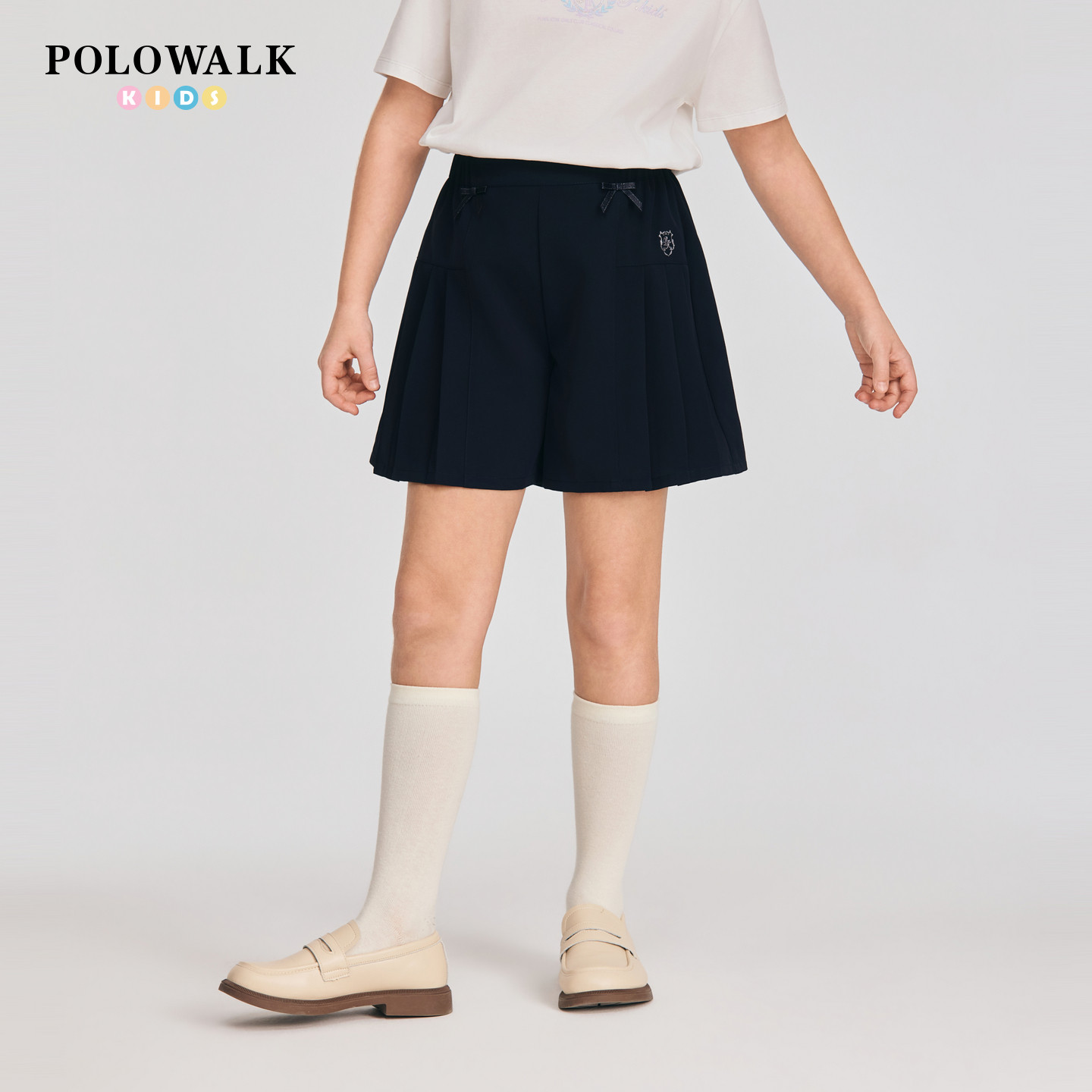 POLOWALK童装2026夏季新品女童短裤松紧腰宽松裤子百褶边