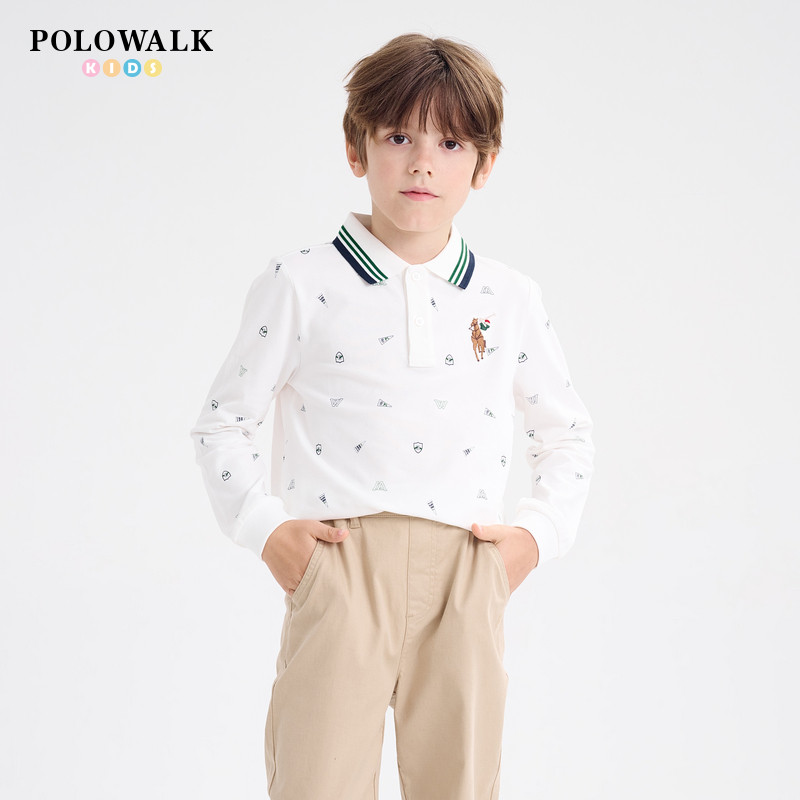 POLOWALK童装男童长袖T恤打底衫2026春夏款男童polo领学院风上衣