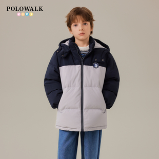 POLOWALK童装男童羽绒服连帽撞色2025冬装新款中大童百搭保暖外套