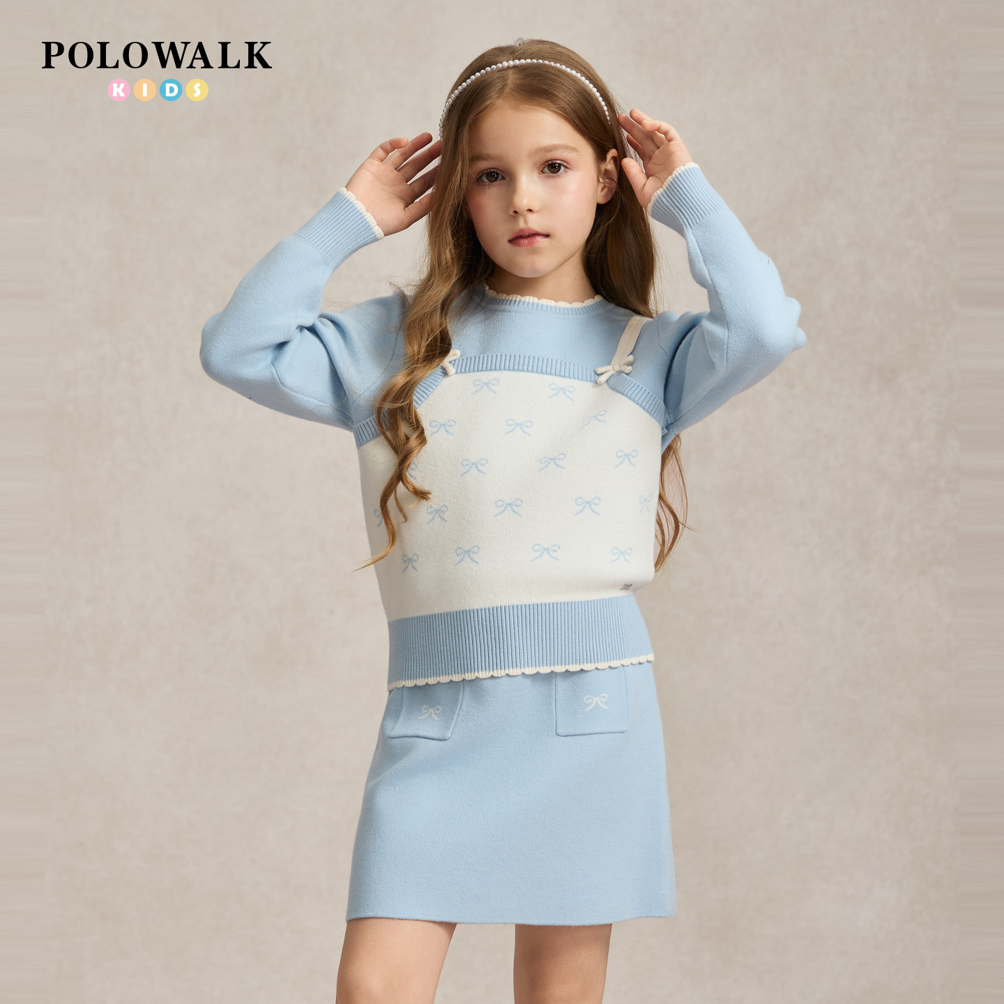 POLOWALK女童套装2026早秋新款撞色长袖儿童蝴蝶结提花针织两件套