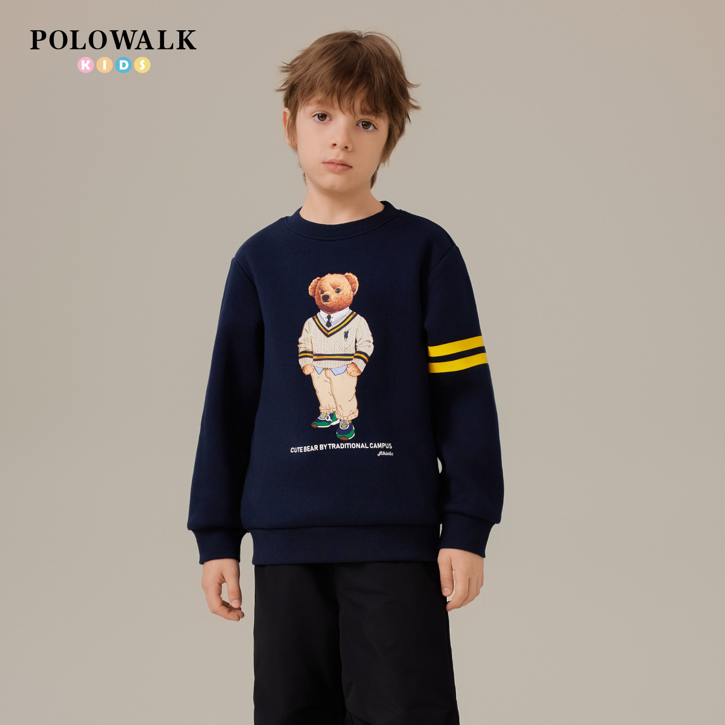 POLOWALK童装男童卫衣加绒2025秋冬圆领套头外套印花休闲百搭上衣