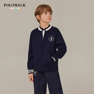 POLOWALK童装男童针织衫2025秋冬新款中大童撞色圆领毛衣百搭开衫
