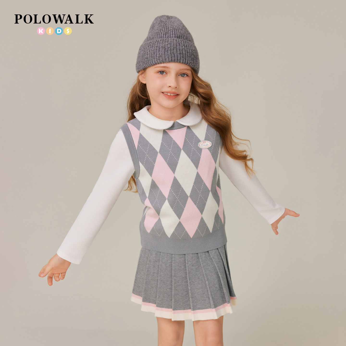 POLOWALK童装女童针织背心2025秋冬新品中大童撞色菱格提