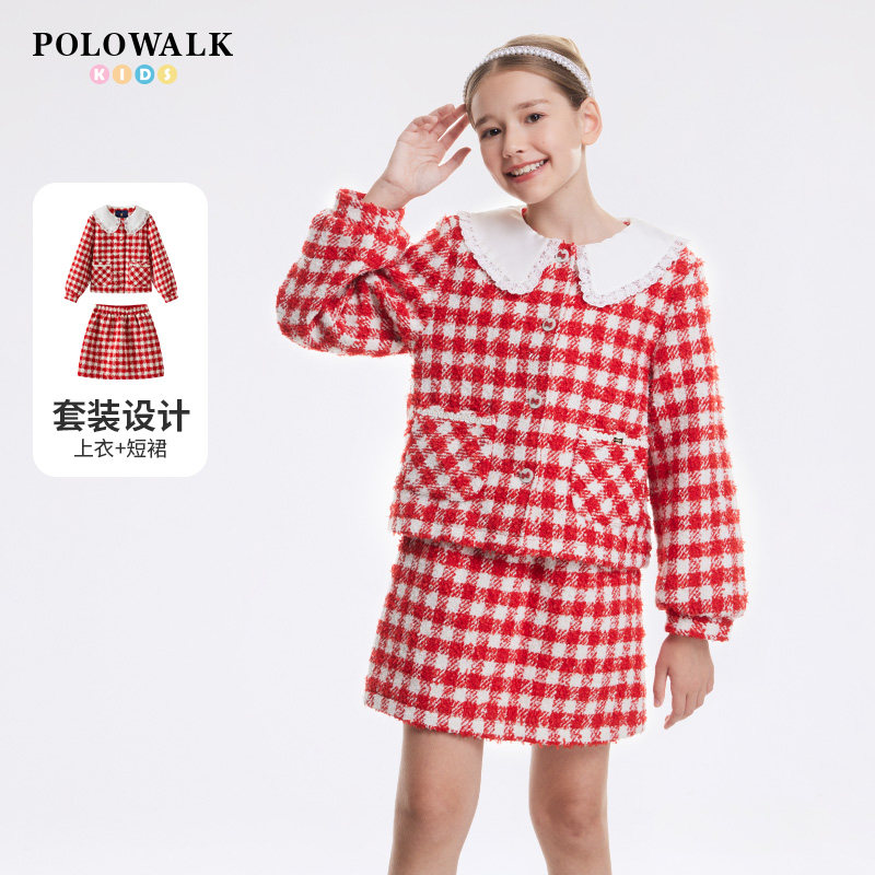 POLOWALK童装女童长袖套装2025秋冬新款红色千鸟格针织开