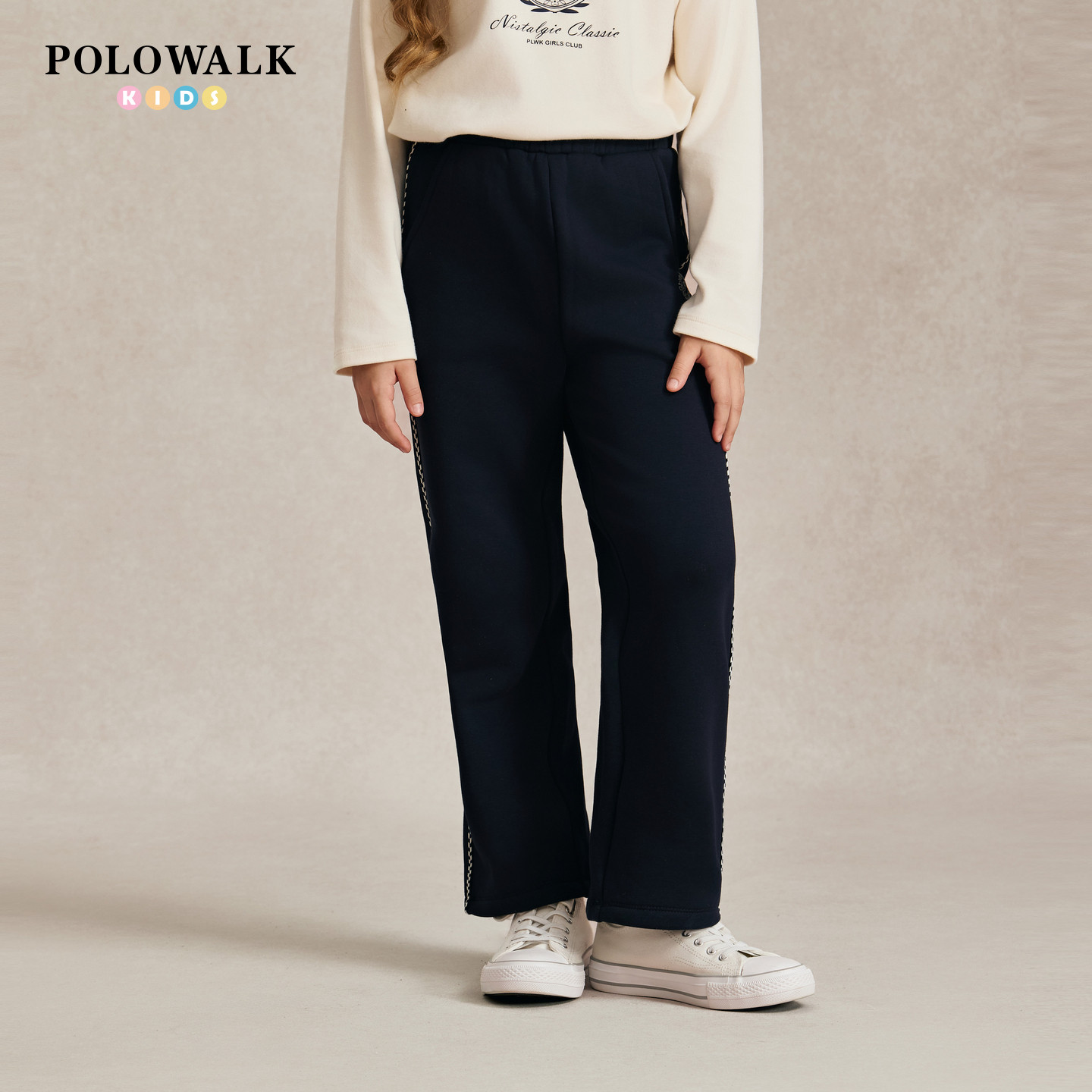 POLOWALK女童卫裤秋季新款松紧腰两侧织带印花儿童直筒休闲长裤