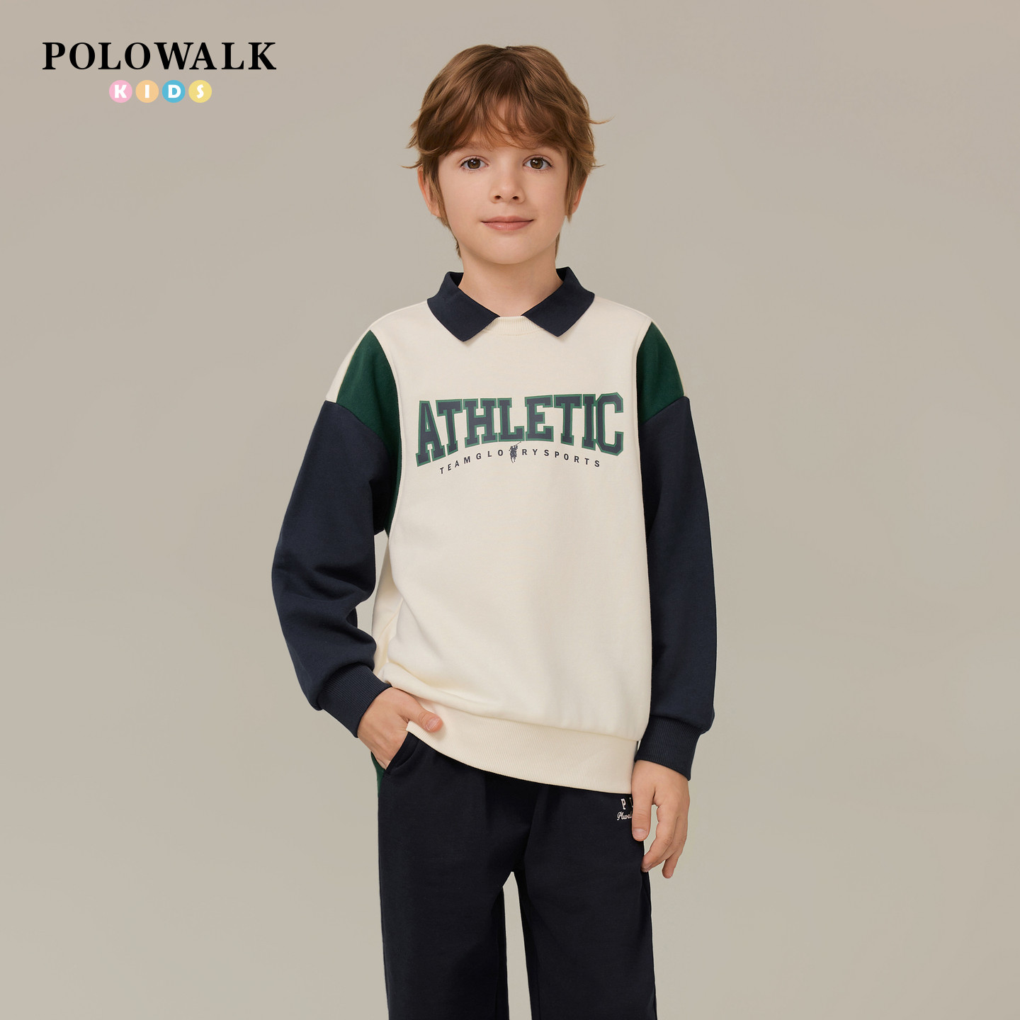 POLOWALK童装男童卫衣2026春夏新品翻领撞色外套印花休闲百搭上衣