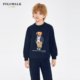 POLOWALK童装男童圆领加绒卫衣2025秋冬新款中大童保暖上衣内搭潮