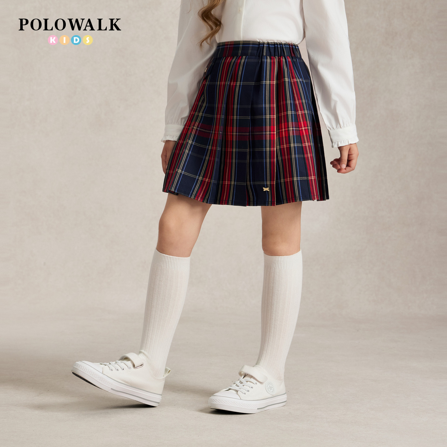 POLOWALK童装2026秋季新品女童半裙复古格纹半身裙A字休闲百褶裙