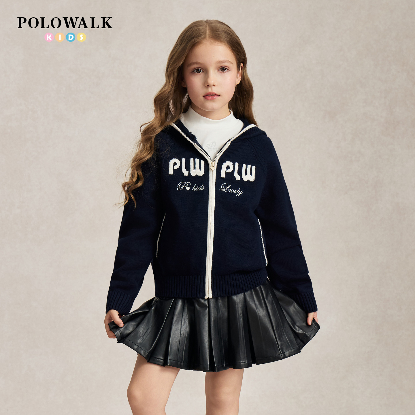 POLOWALK女童连帽开衫线衫2026早秋新品时尚字母提花中大童外套