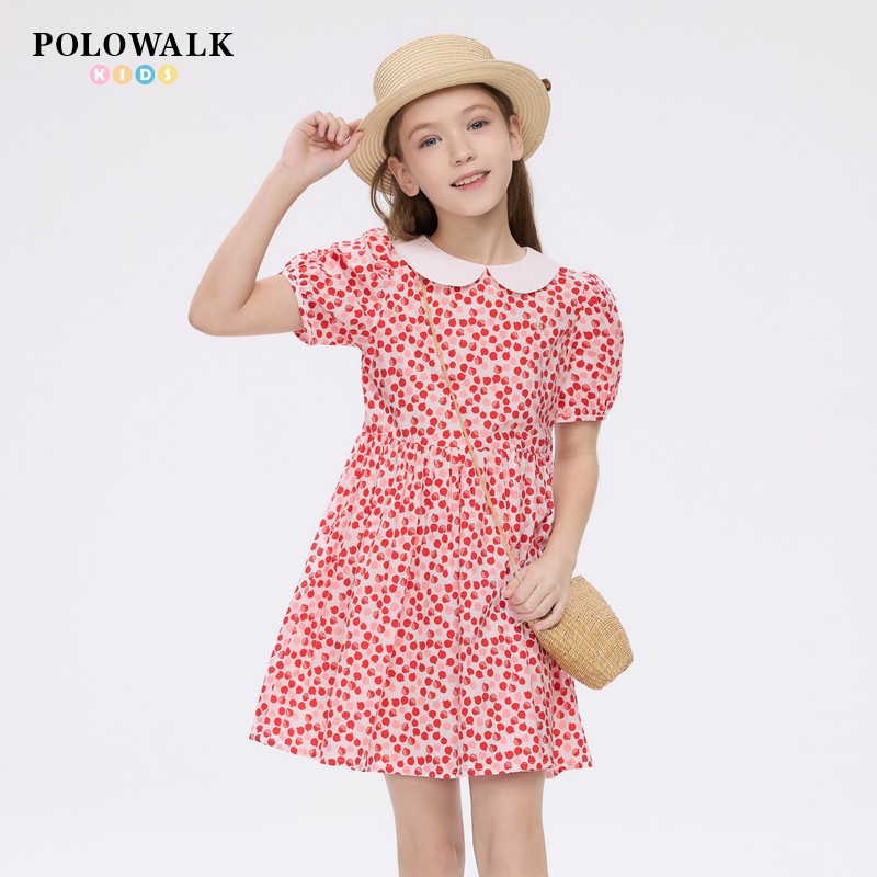 【100%棉】POLOWALK童装女童连衣裙2026夏季新品印花石榴百褶裙