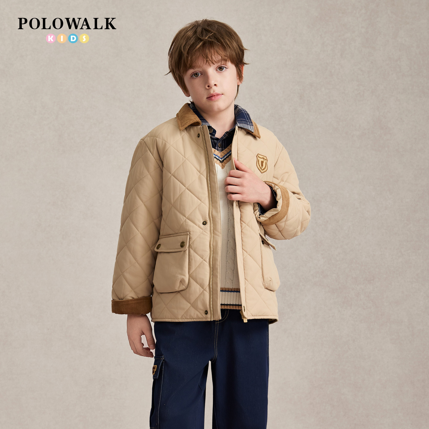 POLOWALK童装男童工装棉服2026秋冬撞色翻领刺绣时尚宽松外套