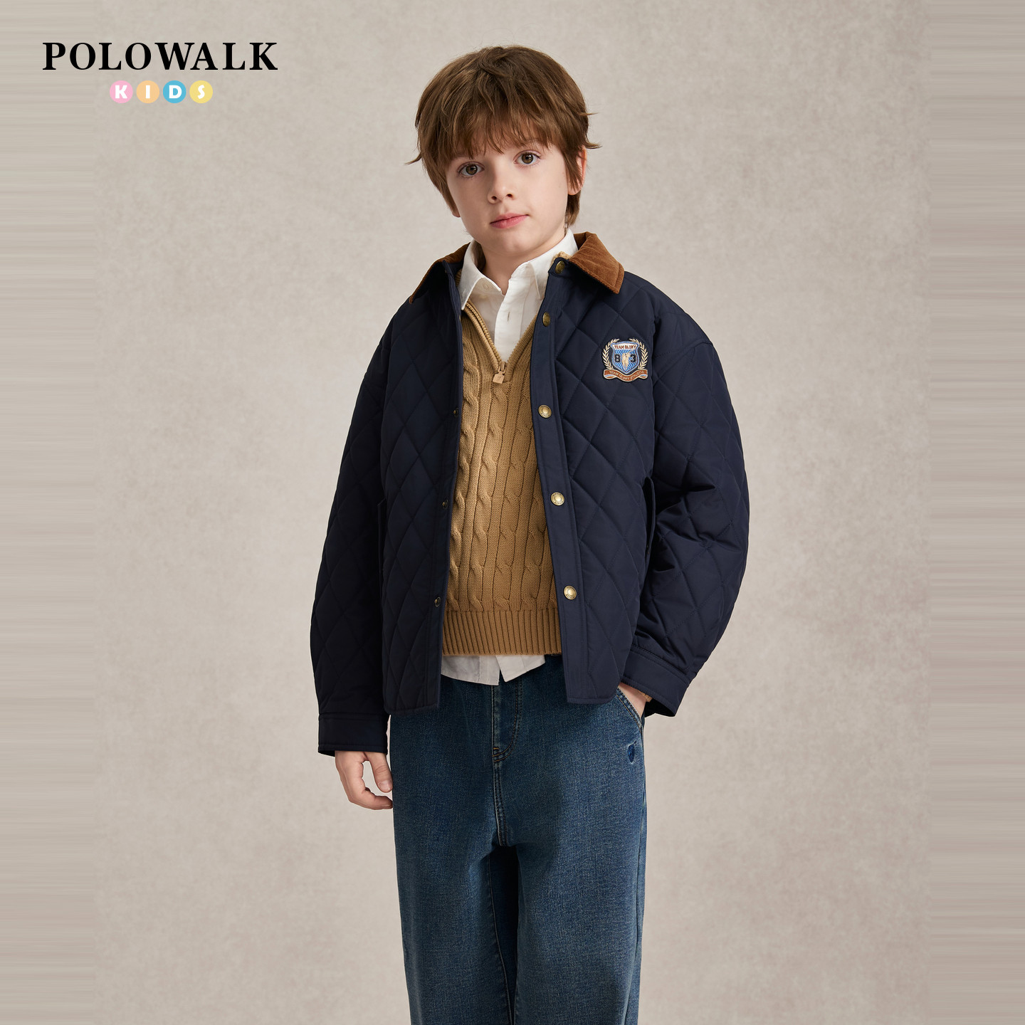 POLOWALK男童撞色翻领棉服2026秋冬新款菱形绗缝刺绣儿童夹棉外套